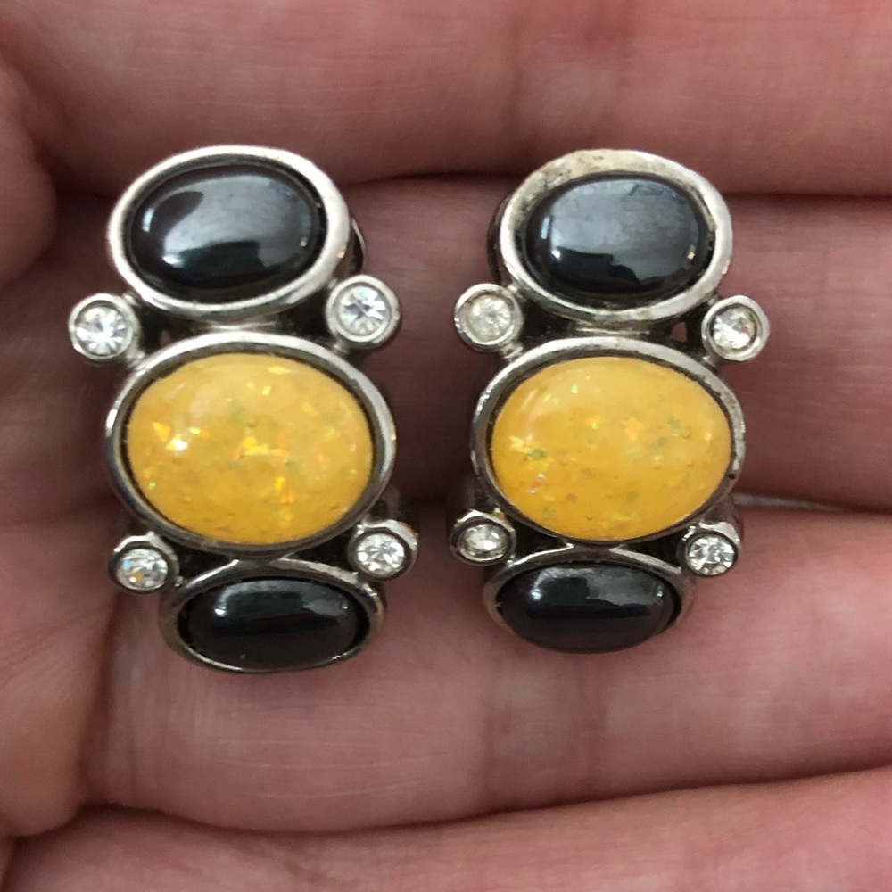 Hematite and crystal clip on earrings